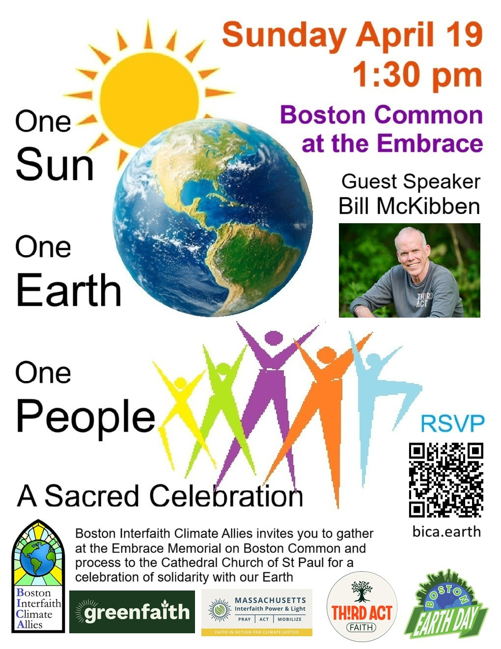 On the cusp of a revolution's 250th, JOIN US for this SACRED CELEBRATION of ONE SUN, ONE EARTH, ONE PEOPLE as the Boston Interfaith Climate Allies welcome climate activist Bill McKibben who will invite us into a non-violent SOLAR REVOLUTION. SUNDAY, APRIL 19, 2026 1:30pm
